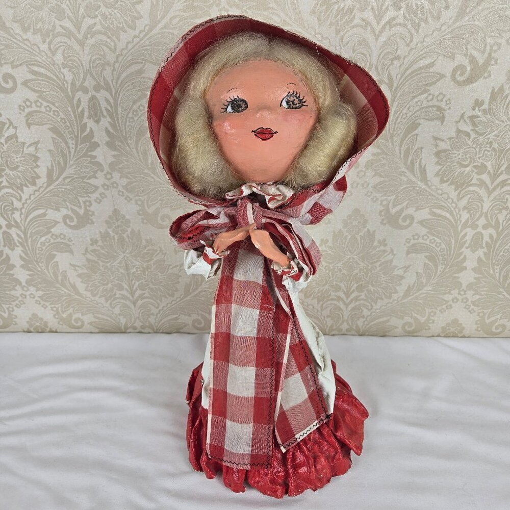 Handmade Vintage Plaster Freestanding Doll Red White Gingham Bonnet Painted